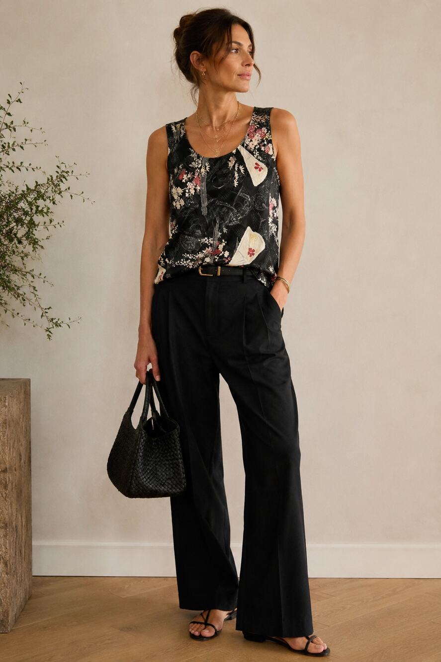Citron Santa Monica | Silk Blend Black Japanese Fan & Floral Sleeveless Blouse L